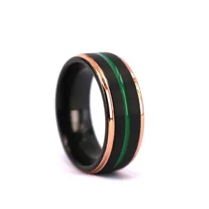 Free Laser Engraving 8MM Black Rose Gold Step Edge Tungsten Carbide Green Resin Inlay Ring