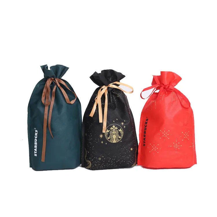 Private label personalizzato riutilizzabile promozione non tessuto con coulisse sacchetto del regalo del sacchetto con il nastro e stampa del logo