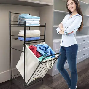 Bathroom Tower Hamper - Features Tilt Laundry Hamper and 2-Tier Storage Shelves - Great for Bathroom, Laundry Room, Bedroom