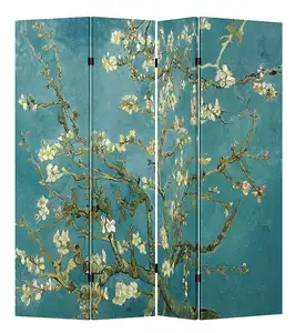 Vincent van Gogh Almond Blossoms 4 Panel Originele Teal Kleur Houten Kamerscherm Decoratieve Privacy Partitie Scheidingswand