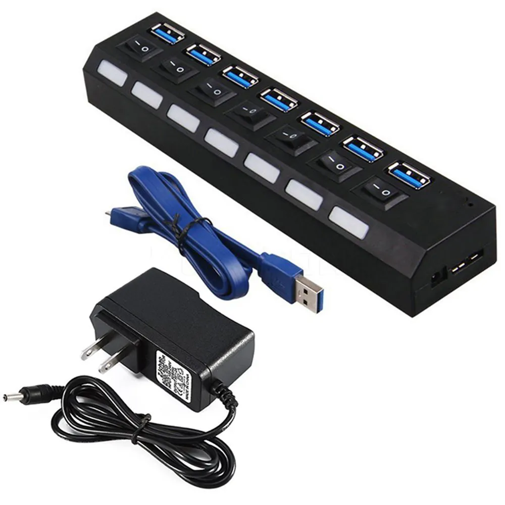 With On/Off Switches LEDs High-Speed Data Transfer Ports Splitter 7 Port USB 3.0 Hub