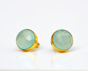 Aqua Chalcedony Gemstone Gold Vermeil 925 Sterling <b>Silver</b> <b>Stud</b> Earrings for Engagement Wedding & Anniversary Gifts - Product Image 1