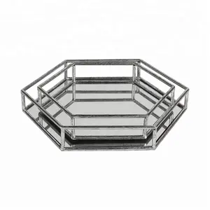 Factory Supplier Decorative Accent Metal Frame Hexagon Silver Iron Mirrored Trays 2PCS