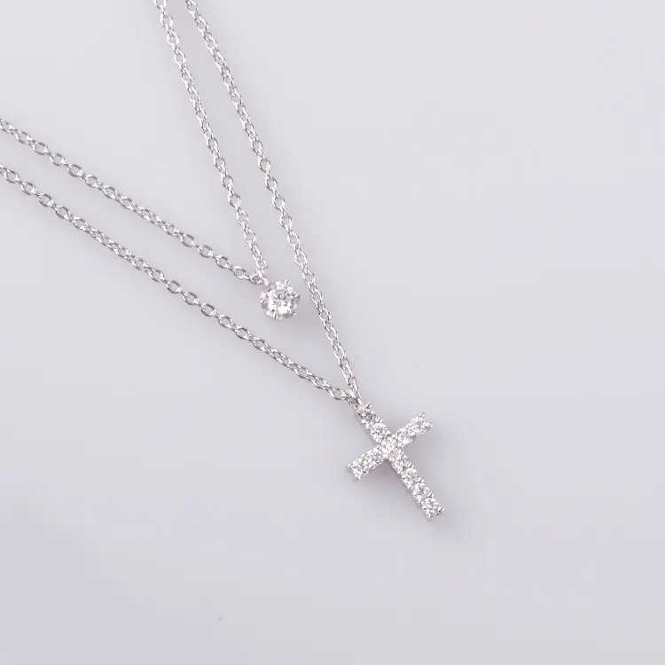 Custom Dainty Jewelry 925 Pendant Plated Cubic Zircon Religious Faith Small Layer Cross Necklaces Gold Sterling Silver Women 18k