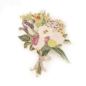 Wholesale customized hard enamel badge wedding flower lapel pin with 24k gold plating