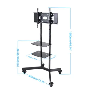 Tinggi Disesuaikan TV Trolley Stand Bracket untuk 23-65 "Monitor TV dengan 2 Ban Kaca Rak