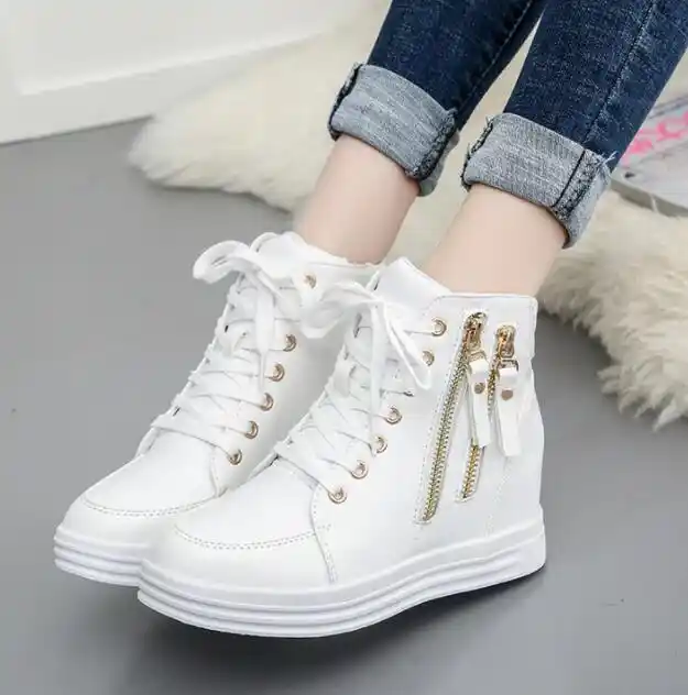 Solid Casual High Neck Lace Up Heel Shoes For Women - White