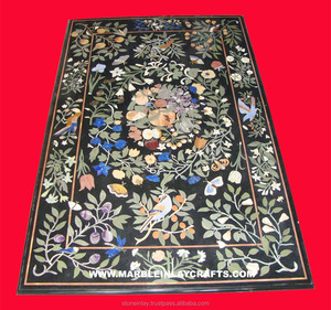 Indien Du Vendeur Noir Marbre Incrusté Travail Rectangulaire À Manger Table Top - Product Image 1