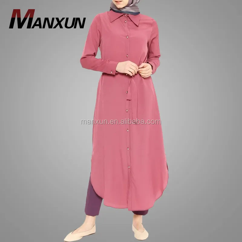 Ön düğme aşağı uzun tunik müslüman elbise Abaya islam giyim tişört üst