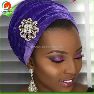 Écharpe de tête en velours, Turban africain de haute qualité pour dames, enveloppe en inde avec broche en argent, HQT05