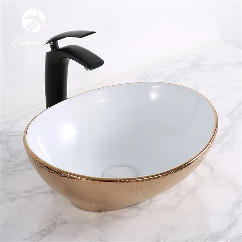 Новый дизайн, Современная гальванизированная маленькая овальная раковина для ванной комнаты цвета розового золота и белого золота