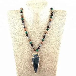 Fashion Women natural stone pic jasper magnetic beads Knotted Necklace Green Arrow Pendant Necklace