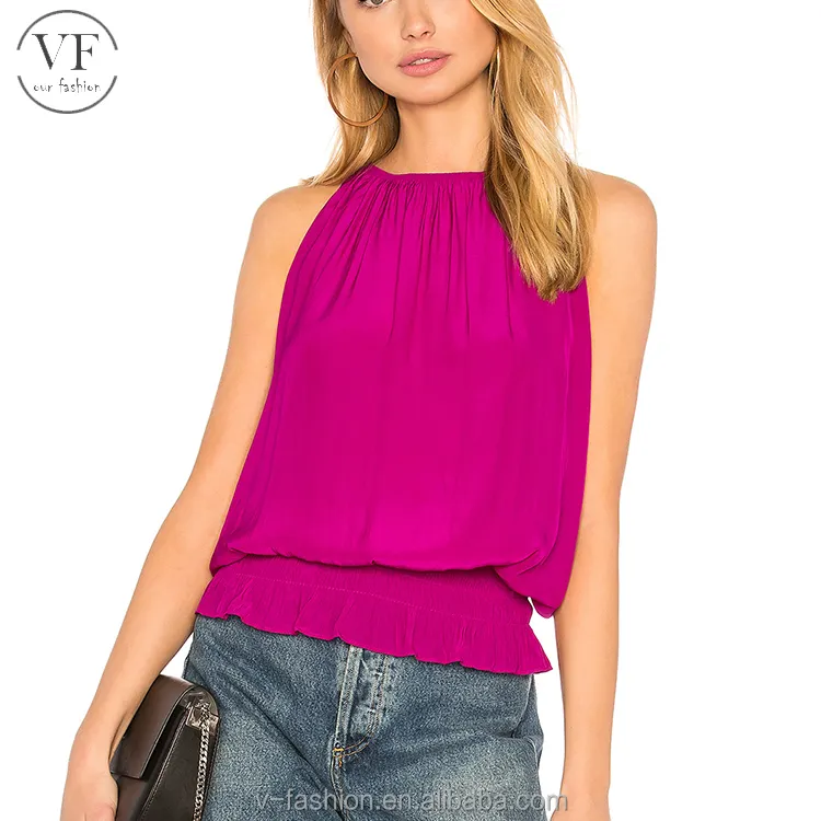 High quality soft satin top for women with round halter neck sleeveless pleat casual fashion blouse.