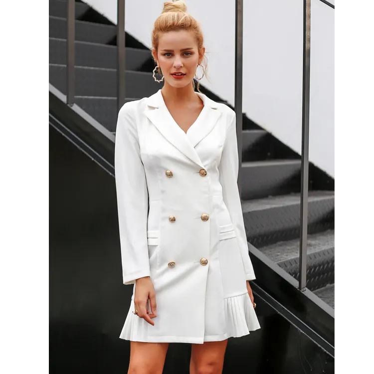 Women Elegant Ruffle Double Breasted Office Wear Casual Blazer Dress Slim Suit Ladies Office Dress HSD6227
