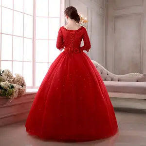 गर्म बिक्री सुरुचिपूर्ण आधा आस्तीन ओ-गर्दन लाल शादी की पोशाक फीता मनके फोटोग्राफी सेक्सी गेंद का गाउन शादी का गाउन