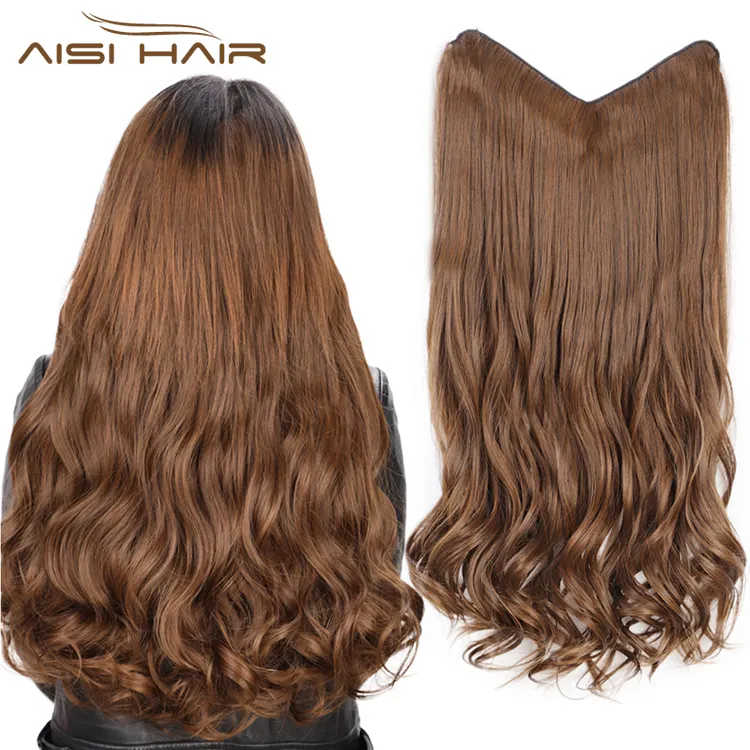 Aisi Hair High Temperature Fiber 4 Clips Synthetic Clip In Hair Extensions Long Wavy Brown Clip In Hairpieces for Women