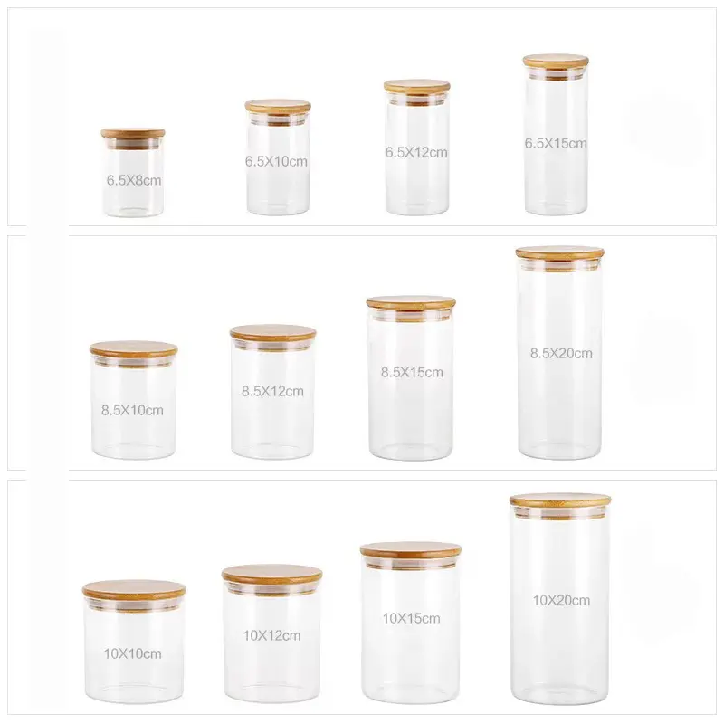 Tarros de vidrio para almacenamiento de alimentos, forma redonda, con tapa de bambú, GSJ-098Z, venta al por mayor
