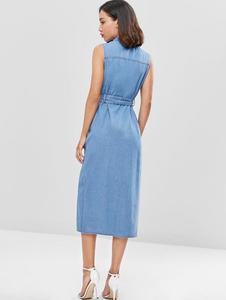 Summer Sleeveless With Blet Design Casual <strong>Dresses</strong> Length <strong>Denim</strong> Women <strong>Dresses</strong> for Lady - Product Image 5