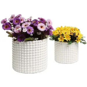 Set of 2 white Ceramic Vintage-Style Hobnail Textured Flower Planter Pots