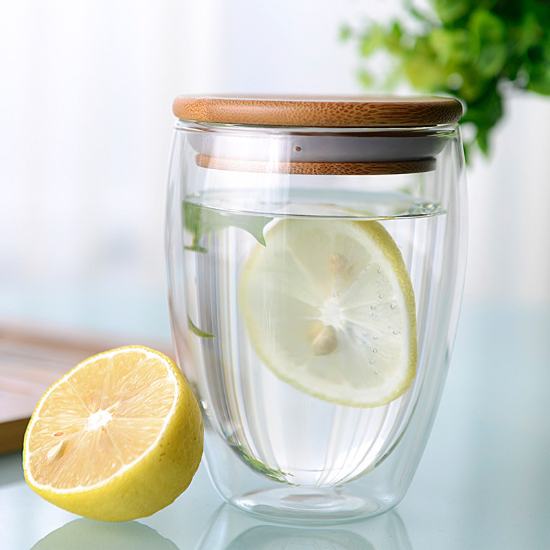 350ML heat resistant double wall glass tea cup with bamboo wooden lid