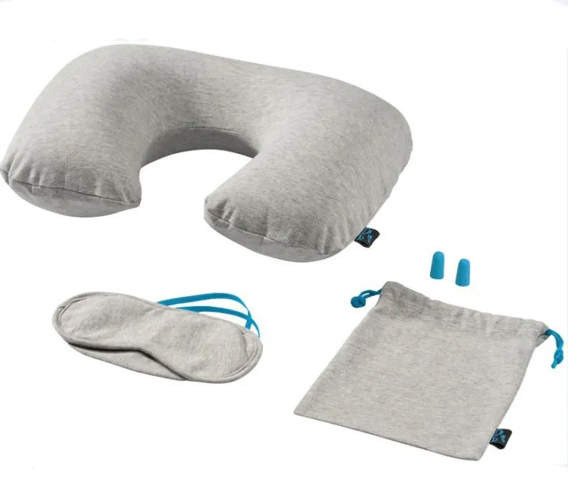 Jersey Cotton 3 IN 1 Flugzeug-Reiseset Enthält eine aufblasbare Kissen-Tragetaschen-Augen maske und Ohr stöpsel für Reisen und Schicht arbeit