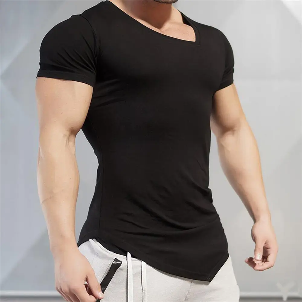 Wholesale Men's Funny Plain Muscle Bodybuilding Clothing Irregular Fitness Workout Training Black V-neck Short Sleeve Gym Tshirt