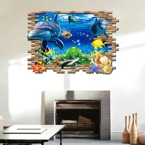 Syene Stiker Dinding Dunia Ikan Lumba-lumba, Stiker Decal Dekorasi Dinding Kamar Anak-anak, Stiker Jendela Palsu 3D untuk Kamar Anak-anak