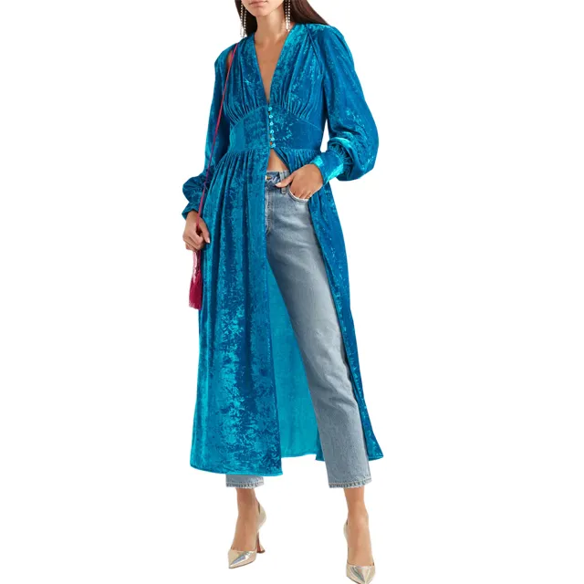 Custom Made Womens Caftan Longline Royal Blue Kimono Verpletterd Fluwelen Gewaad Met Knop Front