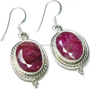 Red stone 925 sterling silver drop earrings dangle ear-studs hoop bezel tassel huggie wholesale gemstone Indian jewelry