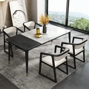 Nordic stylish wood frame retractable marble panel modern design 6 seater dining table set