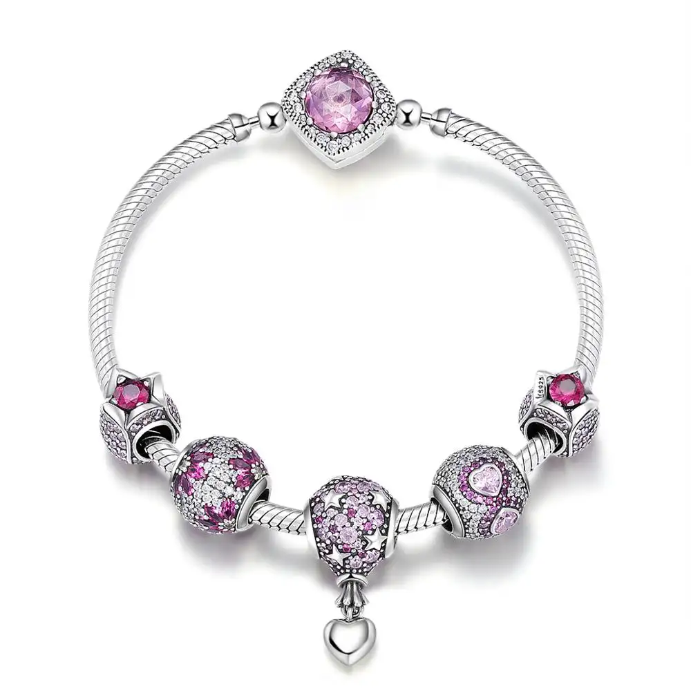 BAGREER SCB803 Mode 925 Zilveren Sieraden DIY Crystal & CZ Roze Stenen Kralen Charm Armbanden Voor Vrouwen Snake Chain armbanden