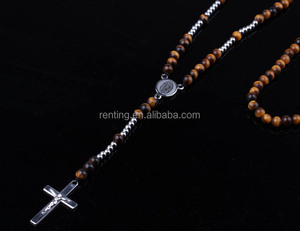 Croce e perline pietra <span class=keywords><strong>rosario</strong></span> con perline occhio di tigre <span class=keywords><strong>collana</strong></span> in <span class=keywords><strong>acciaio</strong></span> inossidabile perline di pietra naturale collane lunghe - Product Image 3