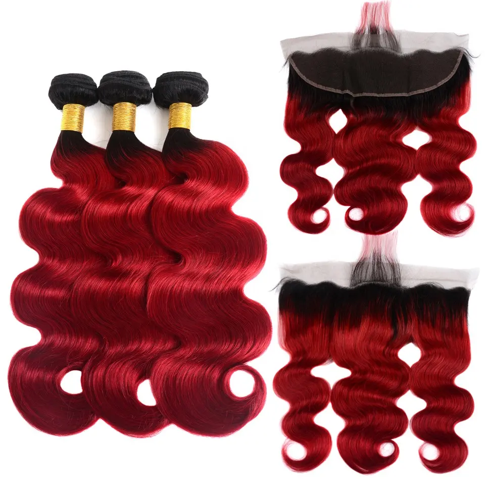 9a 10a 12a Ombre Onda del cuerpo peruano 1B Paquetes rojos y frontales de encaje con cabello de bebé Ondas de playa Paquetes rojos con cierre