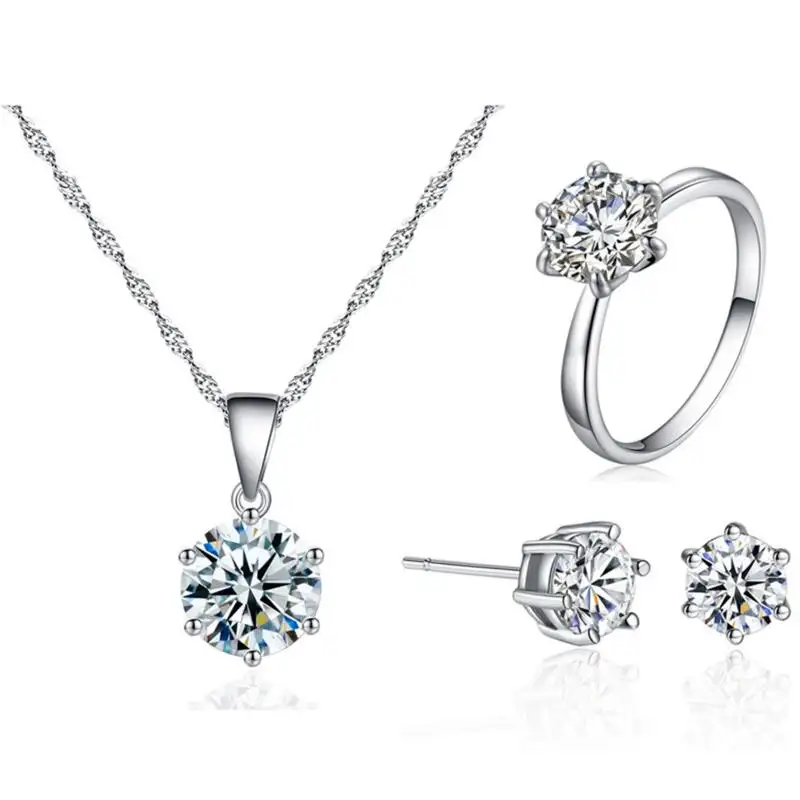 White gold plated Jewelry Necklace Earring ring Set Made with CZ 6 claw round cz wedding jeselry set