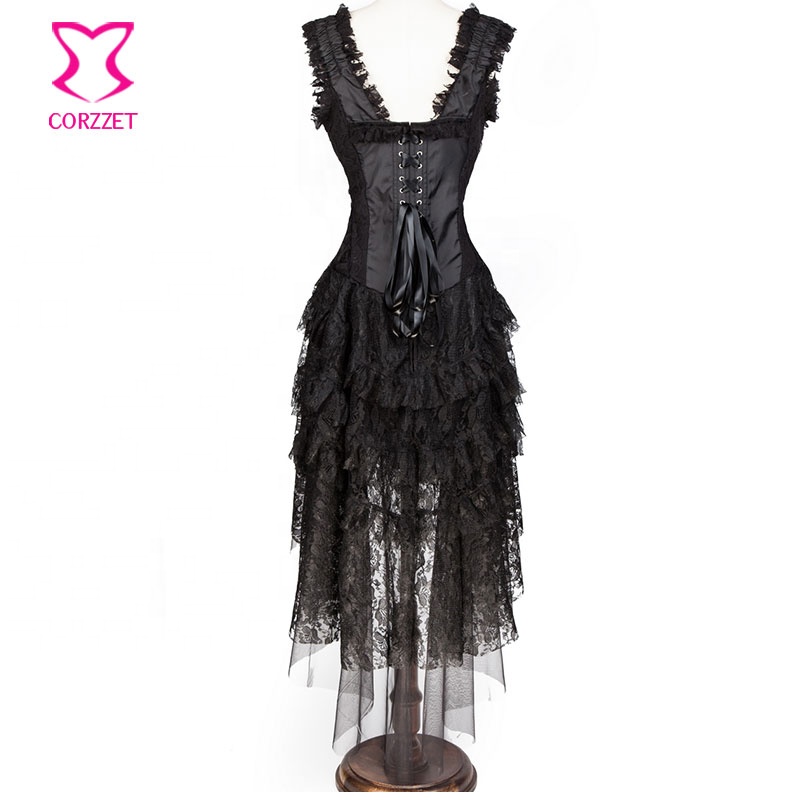 Elegant Black Gothic Corset Dress for Women - Floral Ruffle Bodycon  Steampunk Style, Sizes XS-XXL Available.
