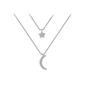 XZA181 Small Order 925 Sterling silver necklace fashion cubic zirconia double layer cholera stars moon pendant necklace