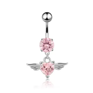 VRIUA Heart Zircon Inlay Angel Wings Pendant Stainless Steel Navel Belly Button Piercing Body Piercing Jewelry