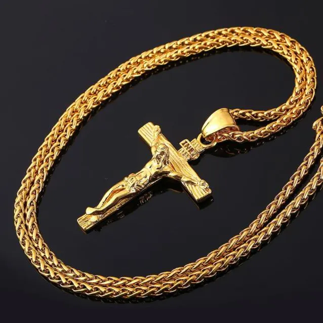 Religious Jewelry Cross Jesus Titanium Necklace Gold Pendant Cross Men Crucifix Necklaces