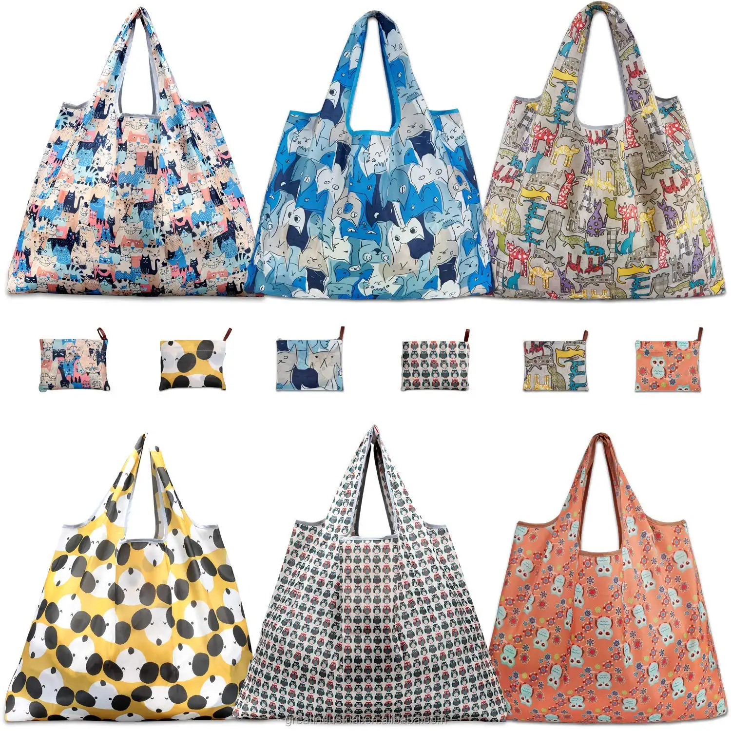 पूरे बिक्री कस्टम डिजाइन बड़े विभिन्न पैटर्न पॉलिएस्टर तह रंग शॉपिंग बैग किराने के लिए