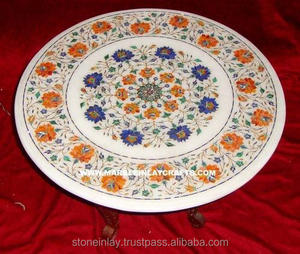 Mesa de comedor hecha a mano con incrustaciones de mármol blanco indio - Product Image 1