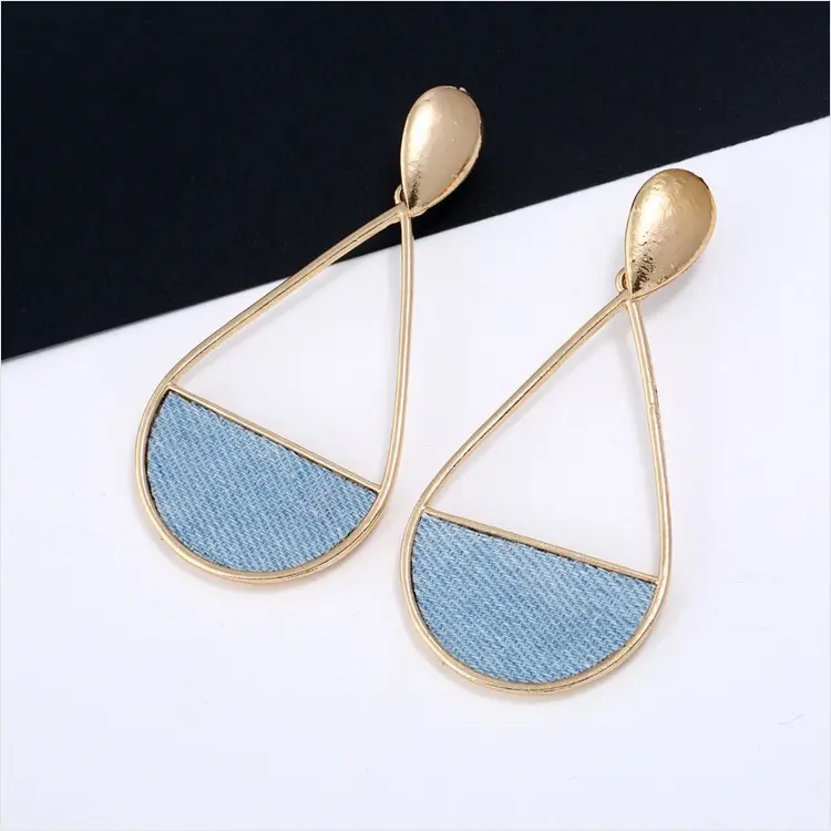 Creative style fashion trend denim fabric personality exaggerated drop shape long alloy earrings