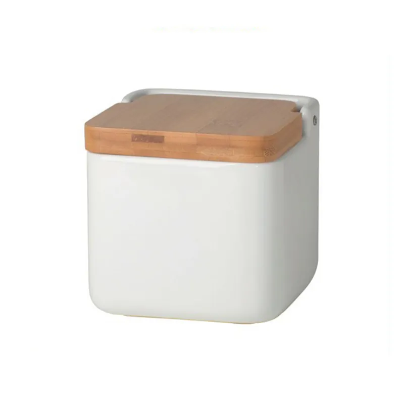 Square White Porcelain Food Storage Box Spice Jar with Bamboo Cover