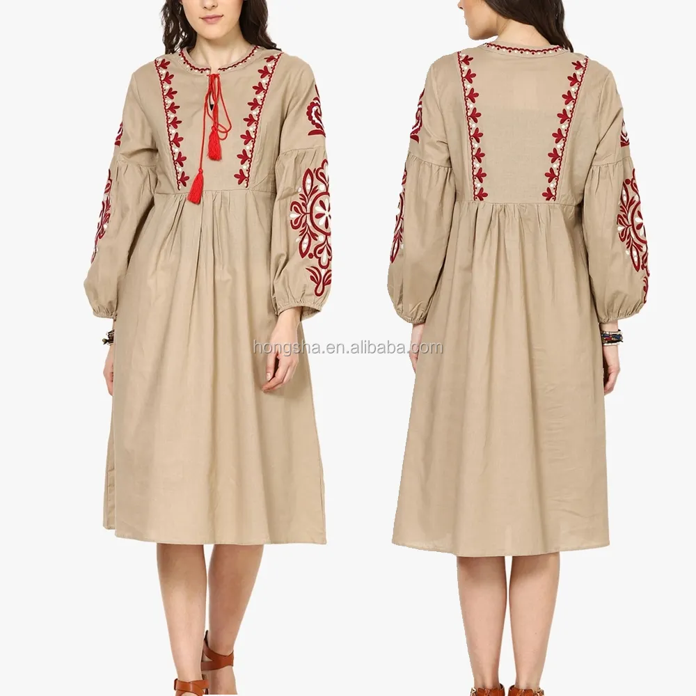 Boho Ukrainian Designs Beige Embroidered Shift Dress Bohemian Clothing Style Long Sleeve Maxi Dress HSd5083