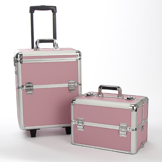 OEM Aluminum Makeup Vanity Trolley Beauty Multi Layer Cosmetic Travel Box PU Surface Aluminum Trolley case