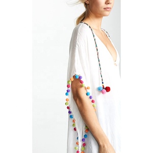 Blusa <span class=keywords><strong>de</strong></span> moda blanca con parte inferior <span class=keywords><strong>de</strong></span> Bikini brasileño elegante al por mayor, blusa informal para mujer con decoración <span class=keywords><strong>de</strong></span> borlas, 1 pieza, teñida lisa - Product Image 4