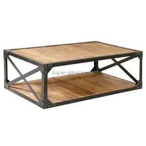 KVJ-7349 zwaar industriële stalen frame twee lagen langwerpige houten salontafel