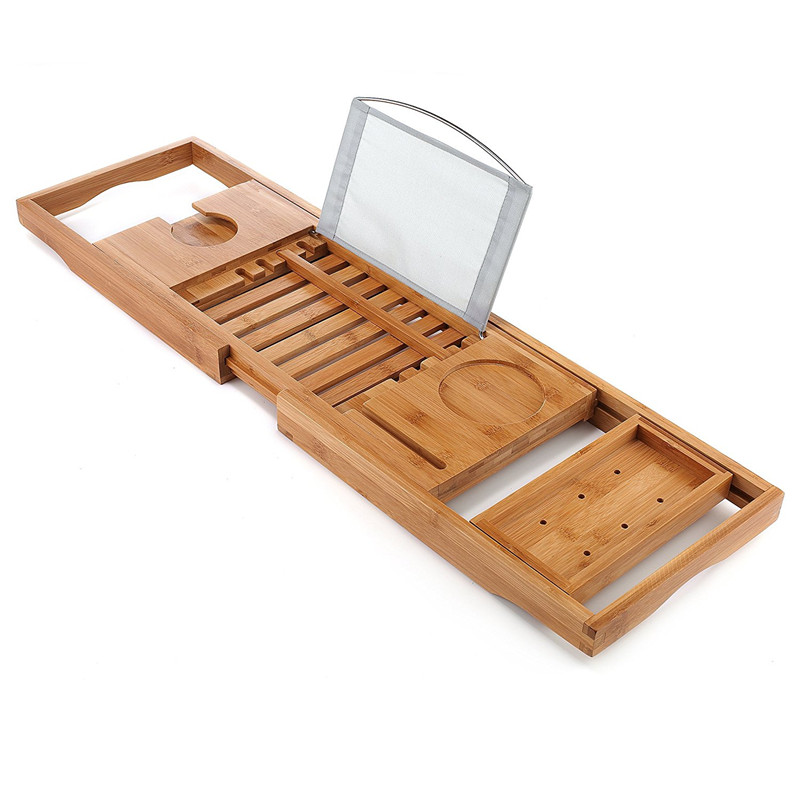 handcrafted bamboo bathtub caddy bath tray with reading rack, wine holder Fuboo