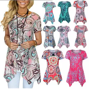 Women Summer Short Sleeve Floral Printed Irregular Hem Tunic Tops Casual Asymmetrical T-Shirt