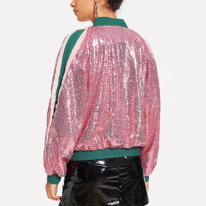 Ladies Fashion Baseball Collar Ribbed Trim <strong>Sequin</strong> Detail Bomber <strong>Jacket</strong> Bling Night Out Zip up <strong>Sequin</strong> <strong>Jacket</strong> - Product Image 2