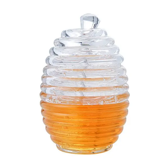Wholesale 9 ounce Honey Comb shaped Glass Honey Storage Jar Glass Honey Pot with Stirring Rod